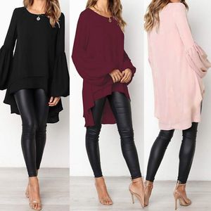 Blusas femininas camisas femininas blush zanzea Autumn Crew pescoço lanterna lanterna sleeveshirt casual sólido blusas femininas tops longos túnica bordas de bainha assimétricas 230403