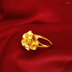 Cluster Rings KOREAN 14K GOLD RING MULTI-LAYER SAND ORNAMENT YELLOW WOMEN'S WEDDING ENGAGEMENT JEWELRY PETALS FLOWER GIFTS