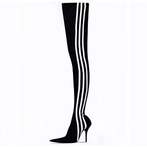 Boots Mkkhou Fashion Over Knee Boots High Quality Oointy Striped Matching Color High Heel Elastic Boots Modern Pants Shoes 230403