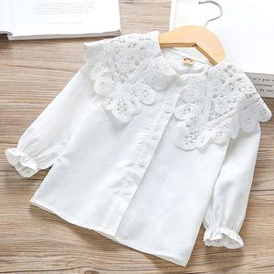 Kids Shirts 2-9 Years Kids Cotton Blouse Girls Autumn Clothes Basic White Blouse Chic Solid Lace Embroidery Collar Princess Clothes Tee 230403