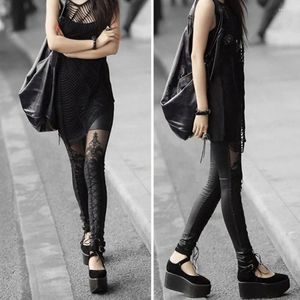 Women's Leggings Trendy Punk Cross Bandage Lace-up Calf Faux Leather Pants Sexy High Elasticity Skinny Long