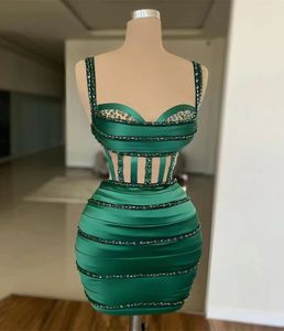 Cocktail Dress Dark Green Crystal Prom Party Gown Plus Size Zipper New Custom Graduation Straight Sleeveless Satin Lace Up Pleat Beaded Spaghetti