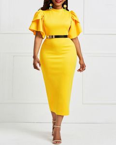 Freizeitkleider TSXT 2023 Afrikanischer Stil Frauen Einfarbig Fliegende Ärmel Slim Fit Kleid Elegante Dame O-Ausschnitt Ohne Gürtel