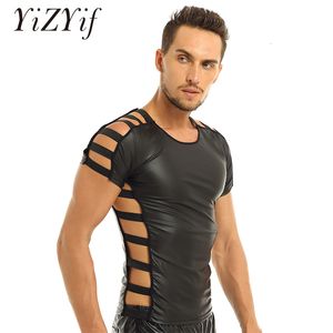 Men's T-Shirts Mens Fashion Pullover Muscle T-shirt Tops Faux Leather Night Clubwear Costume Cut Out Elastic Band Sexy Dance T Shirt Party 230403