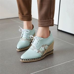 Dress Shoes YMECHIC Fashion Spring 2023 Casual Wedge High Heel Pumps Women Lace Up Mesh Flower Blue Pink White Wedges Ladies Heels