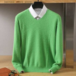 Herrtröjor Mens 100 Pure Mink Sweater V-Neck Pullover Cashmere Sticked Bottom tröja Ny high-end casual Top på hösten och vintern Q240530