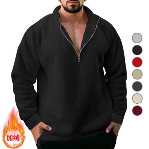 2023 Cross border American style large size autumn and winter plush half zippered pullover solid color casual sweaters for men