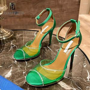 Elbise Ayakkabı Bayanlar Lüks Şeffaf Latin Sandalet Mor Yeşil Peep Toe ayak bileği kayış kristal dekor moda ince topuk seksi