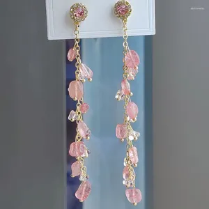 Stud Earrings Natural Stone Pink Inlaid Rhinestone Drop For Women Lovely Sweet Trendy Long Tassel Wedding Gifts