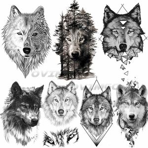 Temporary Tattoos OMMGO Black Wolf Forest Tribal Feather Tattoos Temporary Sticker Tree Fierce Animal Fake Tattoo For Men Body Art Custom Tatoos Z0403