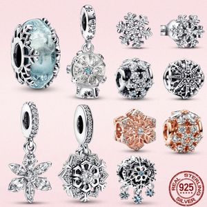 925 Silver Fit Pandora Oryginalne uroki DIY Wisianta Kobiety Bracelets Koraliki Winter Series S925 Silver Snowflake Charm Blue Murano Glass