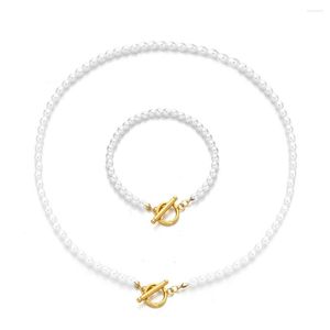 Halskette Ohrringe Set MinaMaMa Edelstahl Knebelverschluss OT Nachgeahmte Perlen Hochzeit Mode Armband Sets