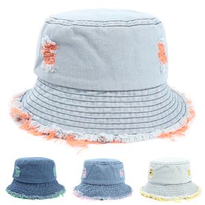 Vintage Denim Hole Bucket Hat Washed Fisherman Casual Tassel Unisex Splice Hats Summer Outdoor Sun Hat HCS288