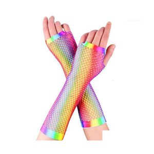 Arts And Crafts Five Fingers Gloves Fishnet Fingerless Long Arm Cuff Warmer Party Fancy Dress Womens Sexy Rainbow Mesh Mermaid Cospl Dhajb