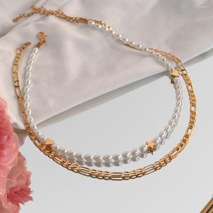 Łańcuchy moda gwiazda serca ręcznie robiony perłowy naszyjnik z koralikami dla kobiet słodkie dziewczyny złoty kolor metalowy łańcuch obojczyka koreańskie prezenty biżuterii