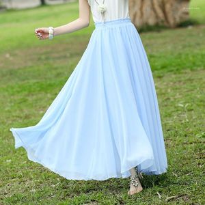 Skirts 2023 Summer Women Chiffon Candy Color Long Skirt Female Nice Designs High Waist Elascity A-Line Casual Party Maxi Saia Z26