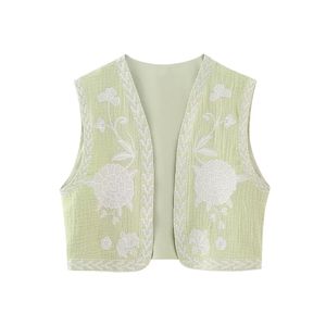 Женская рукавочная вата и льняная ткань вышивая ретро V-образные цветы национальный жилет Desinger Coat Cardigan xssml