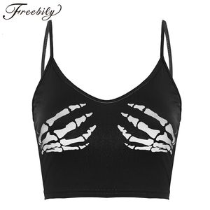 Camisoles Tanks Sexy Club Women Summer Crop Top Punk Punk Y2K Harajuku Черный рукавиц с скелетом для человеческого скелета