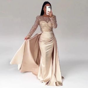 Elegant Mermaid Satin Evening Night Dress for Women O Neck Long Sleeves Beads Sequin Formal Prom Christmas Birthday Party Gown 2024 Robe De Soiree