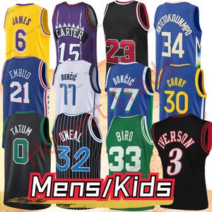 Maglia da uomo per bambini 33 Larry Bird Vince Carter Allen Iverson James Shaquille O'Neal Doncic Tatum Giannis Antetokounmpo Camicie da uomo Maglie da ragazzo a manica corta