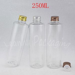 Bottiglie di stoccaggio Bottiglia trasparente da 250 ml con tappo a vite in alluminio 250CC Shampoo / lozione Confezione di acqua Contenitore cosmetico vuoto
