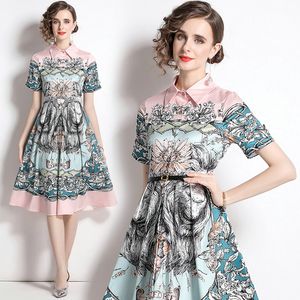 Womes Boutique Dress Short Sleeve Printed Dress 2023 Summer Mid Dresses High-End Elegant Lady Dresses Big Swing Pleated Dresses