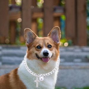 Dog Collars Cute Pet Metal Necklaces Adjustable Collar Jewelry Chain With Rhinestone Cross Pearl Pendants For Puppy Cat