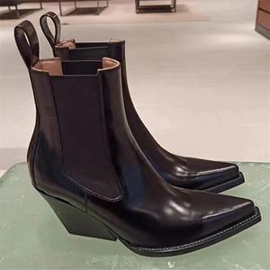 Stivali Punta a punta Donna Chelsea Pelle verniciata Stivaletti corti neri Donna Autunno Scarpe con zeppa Tacco alto Botas Mujer Zeppe 231102