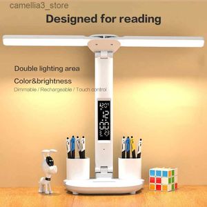 Desklampor LED Double Head Desk Lamp USB Laddning Touch Diming Folding LCD Display Night Light With Pen Holder For Bedroom Reading Lamp Q231104