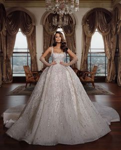 Luxury Ball Gown Wedding Dresses Long Sleeves Bateau Straps Sequins Applices Ruffles Bridal Clows Diamonds Formell klänning Plus Size Custom Made Vestido de Novia