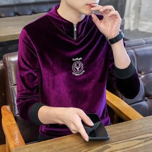 メンズTシャツロイヤルブルータートルネックメンズ用のラグジュアリーベルベットVネックジッパープルオーバースリムフィットエレガントな紫色のジャンパー2023