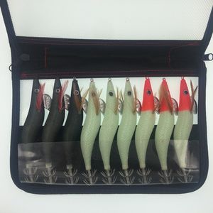 Köder Köder Köder Tintenfisch Jigs Lure 9pcsbag Holden Shrimp Hook Künstlicher Tintenfisch Tintenfisch Köder 3.5# 3.0# 2.5# Fischereiköder -Set 230403