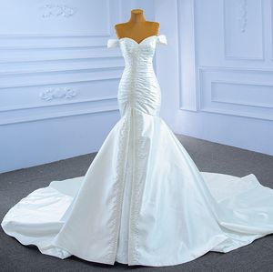 Arabisch Dubai Meerjungfrau Hochzeitskleid 2024 aus der Schulter Perlen Schatz Falten Satin Frauen Braut formelle Kleider Vestido De Noiva Robe De Mariage