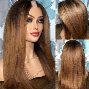 Ombre Natural Kinky Straight U Part Wig 180% Density Yaki For Black Women Chestnut Brown Glueless V Part Half Wig None Lace