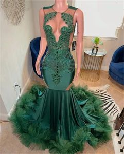 Green Crystal Vintage Ruched Mermaid Prom Dresses 2024 For Black Girls Graduation Gown Bridal Party Dress Evening Robe 322