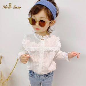 Kids Shirts Baby Girl Ruffle Shirt Baby Apron Girl Pin Shirt Long Sleeve Autumn Spring White Top Baby Clothing 1-7Y 230403