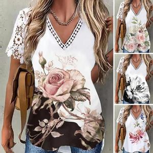 Damskie bluzki w dekolcie damka T-shirt szydełka szydła z szwy z krótkim rękawem Kobiety Summer Floral Print Casual Tee Tops Pullover