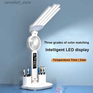 Desk Lamps Led Eye Protection Desk Lamp Time Temperature Display Desk Lamp Folding 4-head with Fan for Learning Student Dormitory Reading Q231104