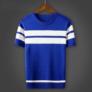 T-shirts masculina Primavera Summer Summer Masculino Camiseta redonda Pescoço curto Manga curta Casual T-shirt Stripe Slim Fit Knit