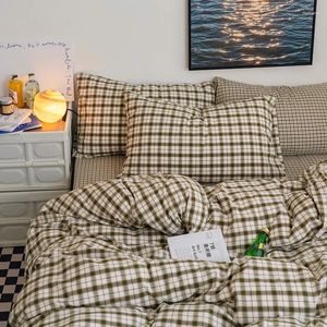 Bedding Sets Four-Piece Nordic Simple Geometric Pattern Pure Cotton Bed Sheet Yarn-Dyed Quilt Cover Three-Piece Set Bare Sleeping