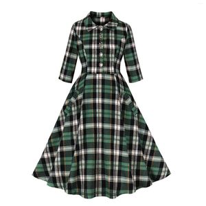 Casual Dresses Vintage 1950 -talets rockabilly -knappar Green Plaid Kvinnor Långärmad Autumn Midi -klänning Kvinna Vestidos SR1410