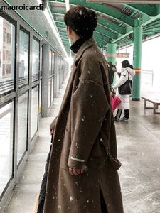 Men' Blends Mauroicardi Autumn Winter Long Khaki Black Soft Warm Trench Coat Men with Side Slit Sashes Loose Casual Korean Fashion 231102