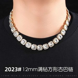 New Men's Square Glass 12mm Cuban Hand Necklace Ice Sugar Chain Hip Hop Fashion Men's Alloy