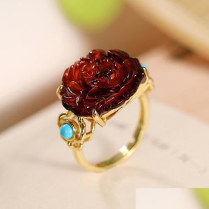 Ringar S925 Sterling Sier Gilded Natural Red Amber Turquoise Sweet Peony Flowers F Justerbar öppningsring K0163 Drop Dhgarden Dh74f