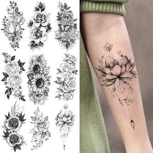 Tillfälliga tatueringar vattentät tillfällig tatuering klistermärke blommor falsk tatuering för kvinnor kroppskonst arm ärm realistisk sexig svart flora tatuering z0403
