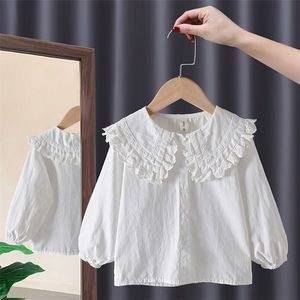 Kids Shirts Spring 100% Cotton Lace Top White Summer Shirt Korean Baby Long Sleeve Top Boys' Shirts School Girls' Shirts Camisas 230403