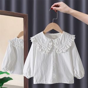 Kinderhemden Frühling 100% Baumwolle Spitzenoberteil Weißes Sommerhemd Koreanisches Baby-Langarmoberteil Jungenhemden Schulmädchenhemden Camisas 230403