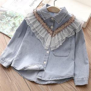 Kids Shirts Spring Fall 3 4 6 8 10 12 Year Old Children's Polo Long Sleeve Lace Patch Work Denim Shirt 230403