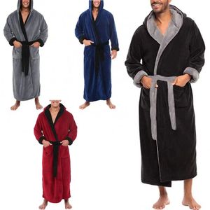 Men's Robes Pockets Sleepwear Soft Men Coral Fleece Color Block Long Bath Robe Home Gown 231102