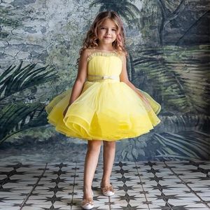 Girl Dresses Fluffy Yellow Flower Bow Tulle Knee Length Wedding Birthday Party Dress Child Sleeveless Pageant Ball Prom Gown